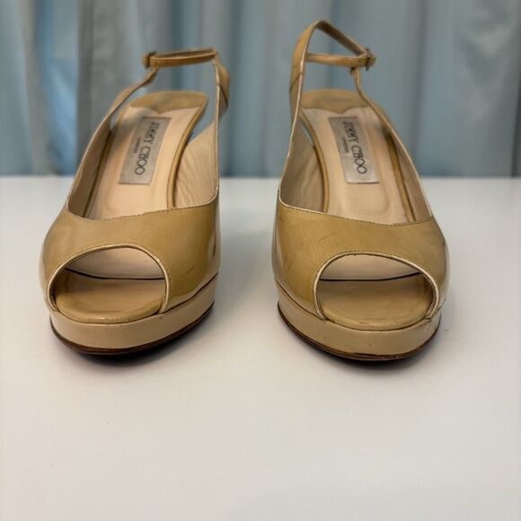 Jimmy Choo Heels Womens 39.5 Gold Glossy Leather Peep Toe‎ Stiletto Platform - Picture 3 of 11